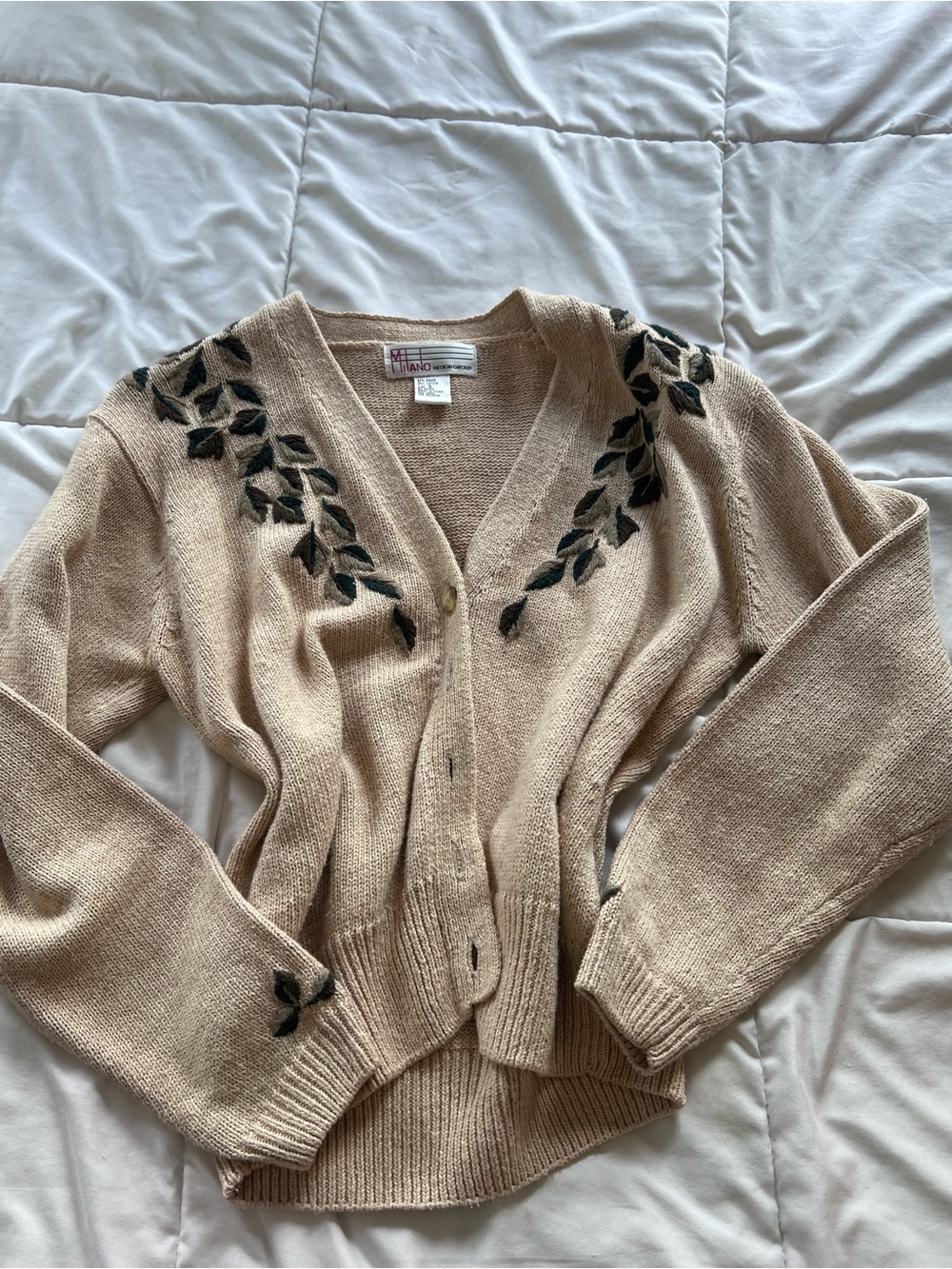 Milano Beige Cardigan with Ivy Leaf Embroidery